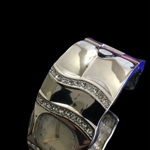 Silver textured wide band cuff watch